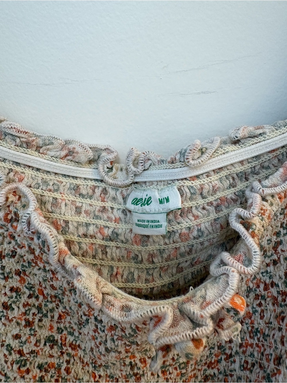 Aerie Cream Floral Smocked Crop Top with Orange Accents - Picture 2 of 3